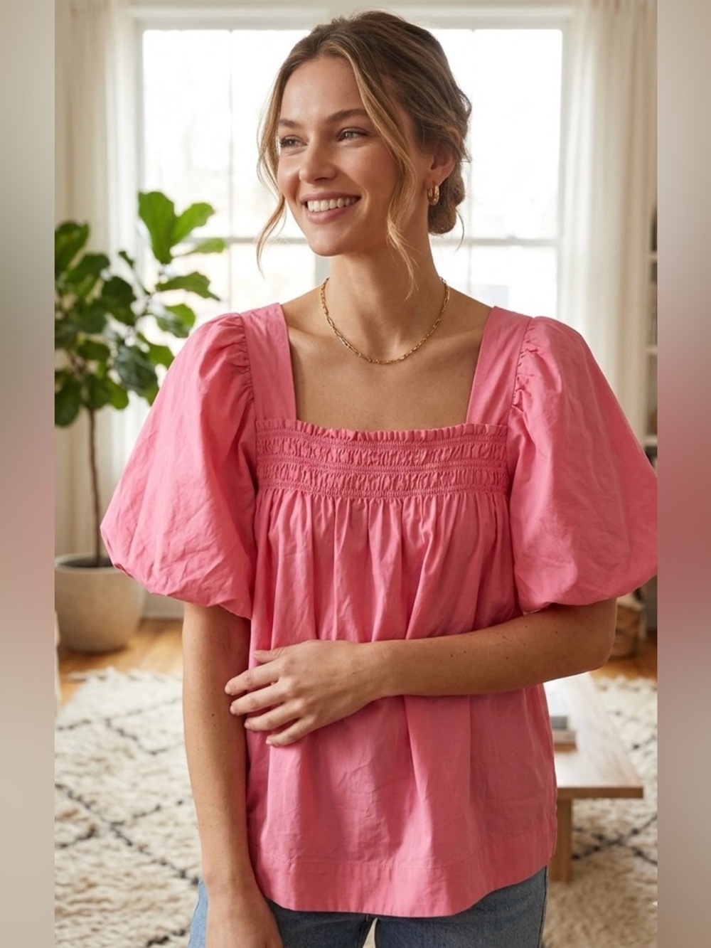 Maeve Anthropologie Pink Smocked Square Neck Puff Sleeve Cotton Blouse